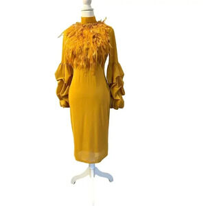 CQbyCQ UNIQUE FEATHER mustard plume  LONG PUFFY SLEEVES SIZE SMALL
